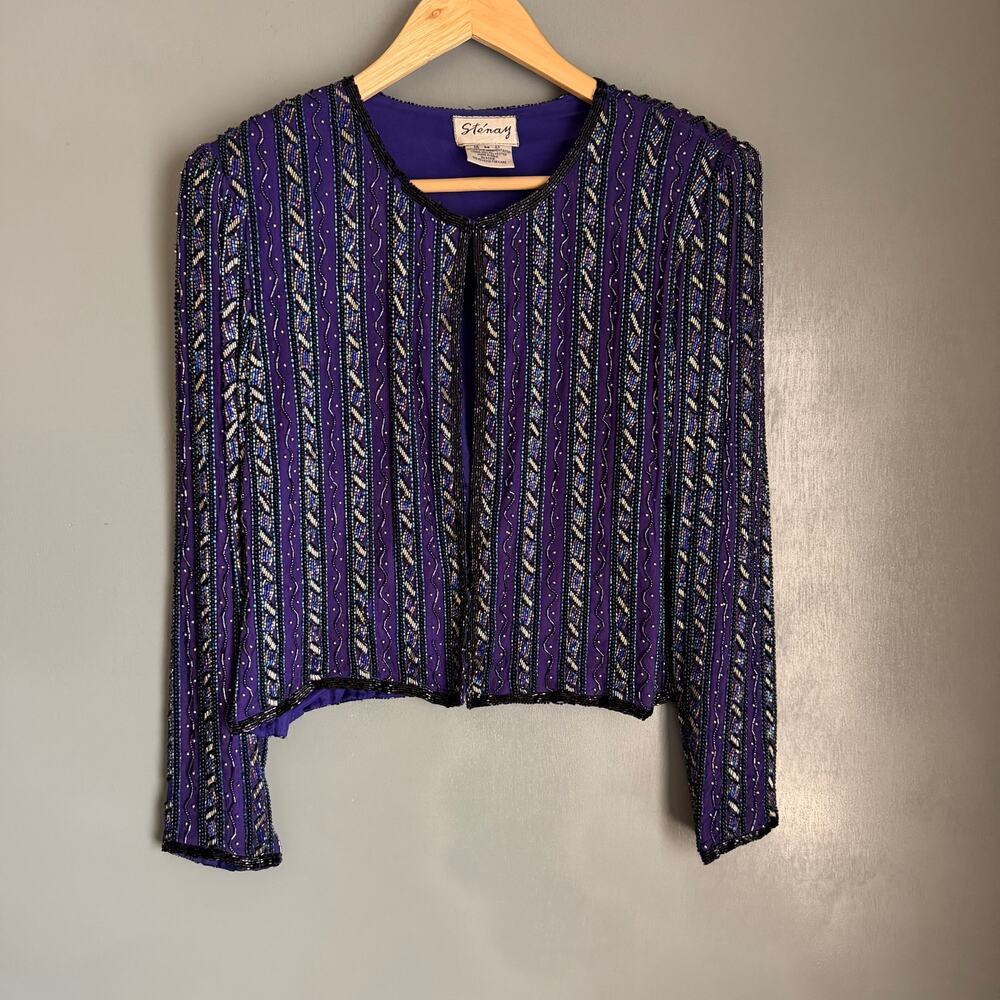 Vintage STENAY Women's M Blue/Purple Beaded Bugle Jacket Classic Retro Silk